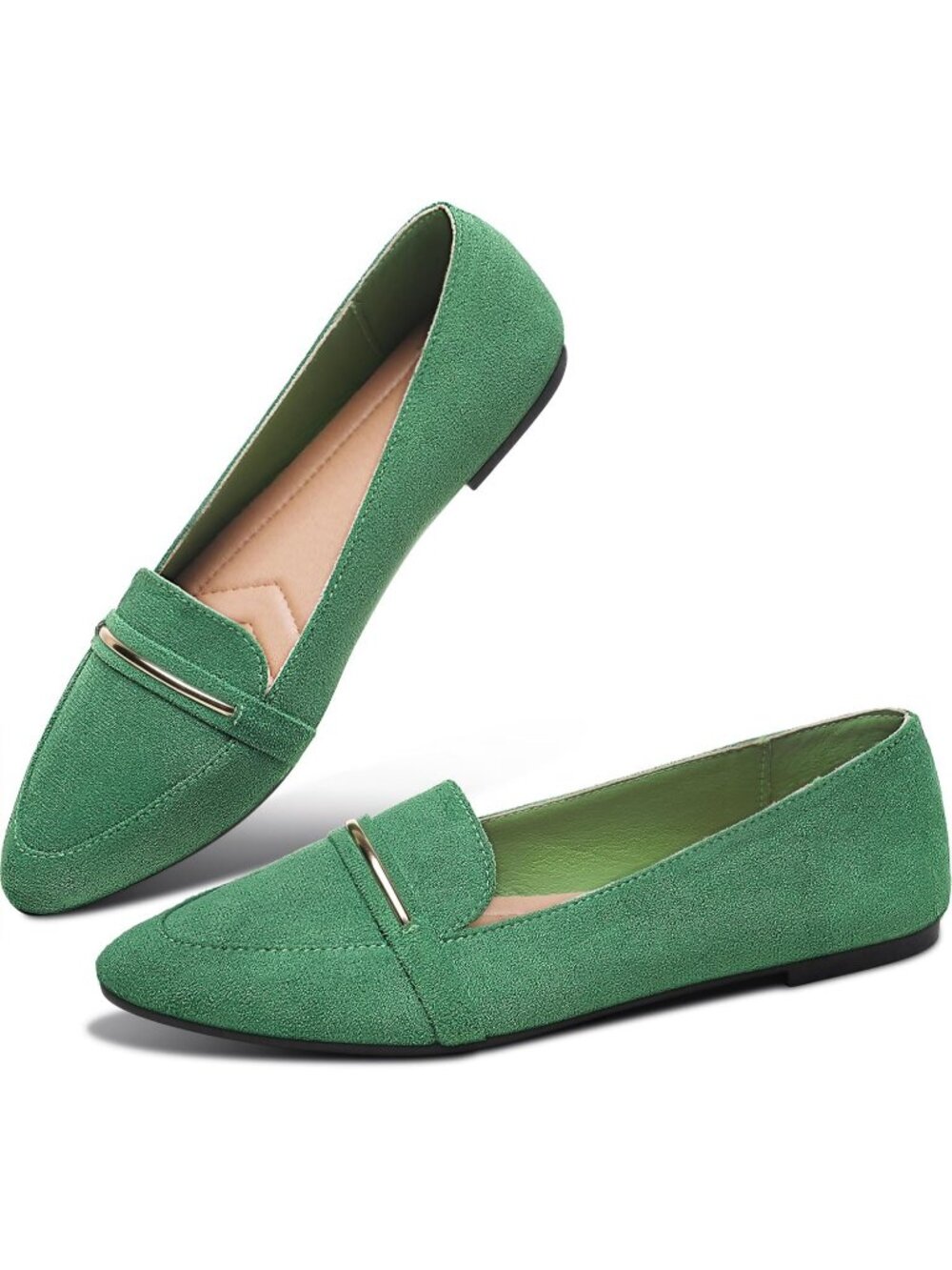 Women's Olive Green Suede Pointy Toe Flat Comfortable Penny Loafer Slip On Shoes